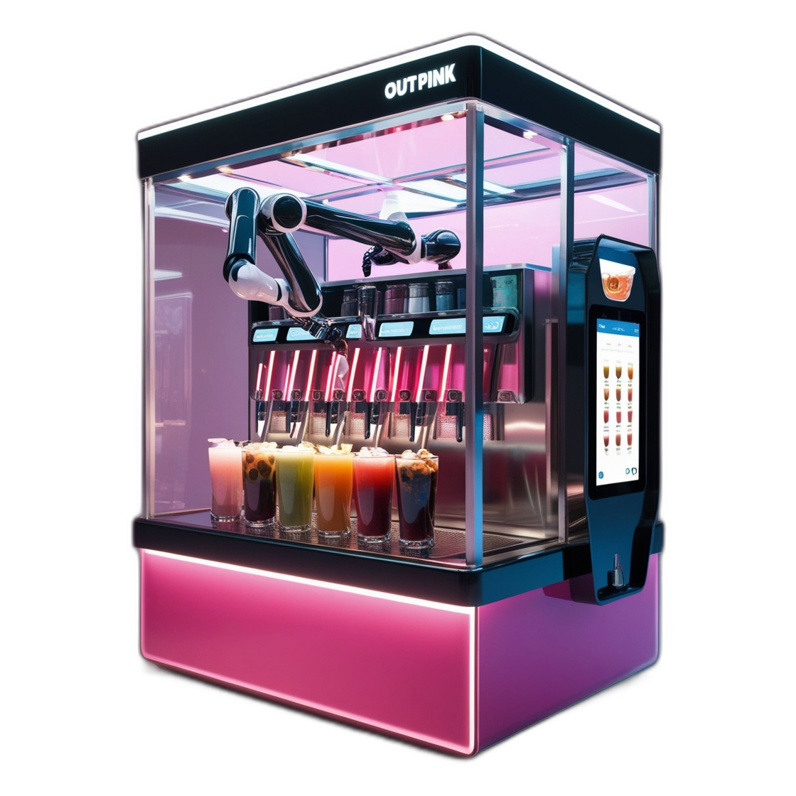 A big futuristic and modern drink machine image. This drink machine is equipped with a robotic arm designed to prepare and dispense a variety of beverages on-site. The machine is enclosed in a transparent, square glass case, inside which various drink ingredients are stored. Customers can clearly observe the robotic arm in action as it operates. The exterior features sleek, high-tech design elements, including bright LED strip lighting and a large touchscreen interface for selecting different drinks. The overall design combines cutting-edge technology with a clean, modern aesthetic, emphasizing the automation and precision of robotic beverage preparation. outfit is pink