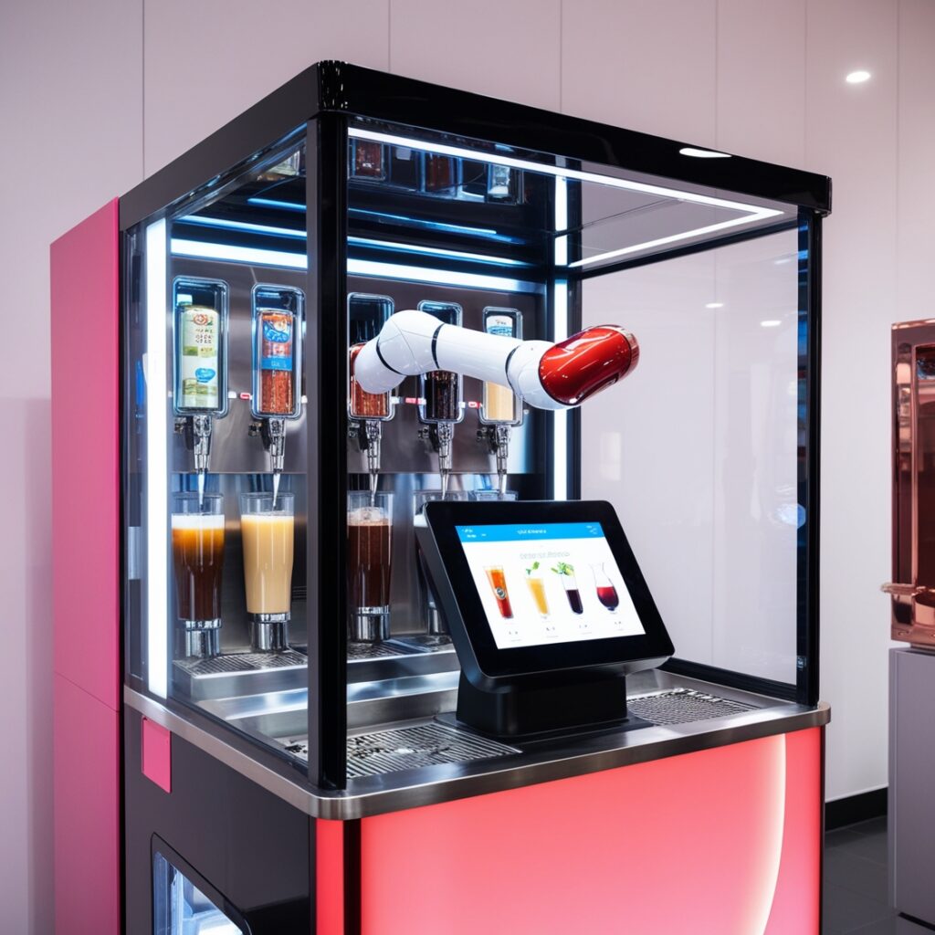 A big futuristic and modern drink machine image. This drink machine is equipped with a robotic arm designed to prepare and dispense a variety of beverages on-site. The machine is enclosed in a transparent, square glass case, inside which various drink ingredients are stored. Customers can clearly observe the robotic arm in action as it operates. The exterior features sleek, high-tech design elements, including bright LED strip lighting and a large touchscreen interface for selecting different drinks. The overall design combines cutting-edge technology with a clean, modern aesthetic, emphasizing the automation and precision of robotic beverage preparation. outfit is pink