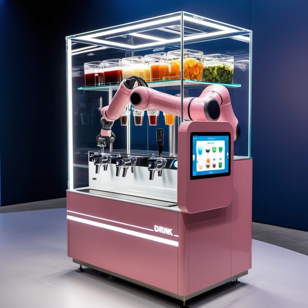 A big futuristic and modern drink machine image. This drink machine is equipped with a robotic arm designed to prepare and dispense a variety of beverages on-site. The machine is enclosed in a transparent, square glass case, inside which various drink ingredients are stored. Customers can clearly observe the robotic arm in action as it operates. The exterior features sleek, high-tech design elements, including bright LED strip lighting and a large touchscreen interface for selecting different drinks. The overall design combines cutting-edge technology with a clean, modern aesthetic, emphasizing the automation and precision of robotic beverage preparation. outfit is pink