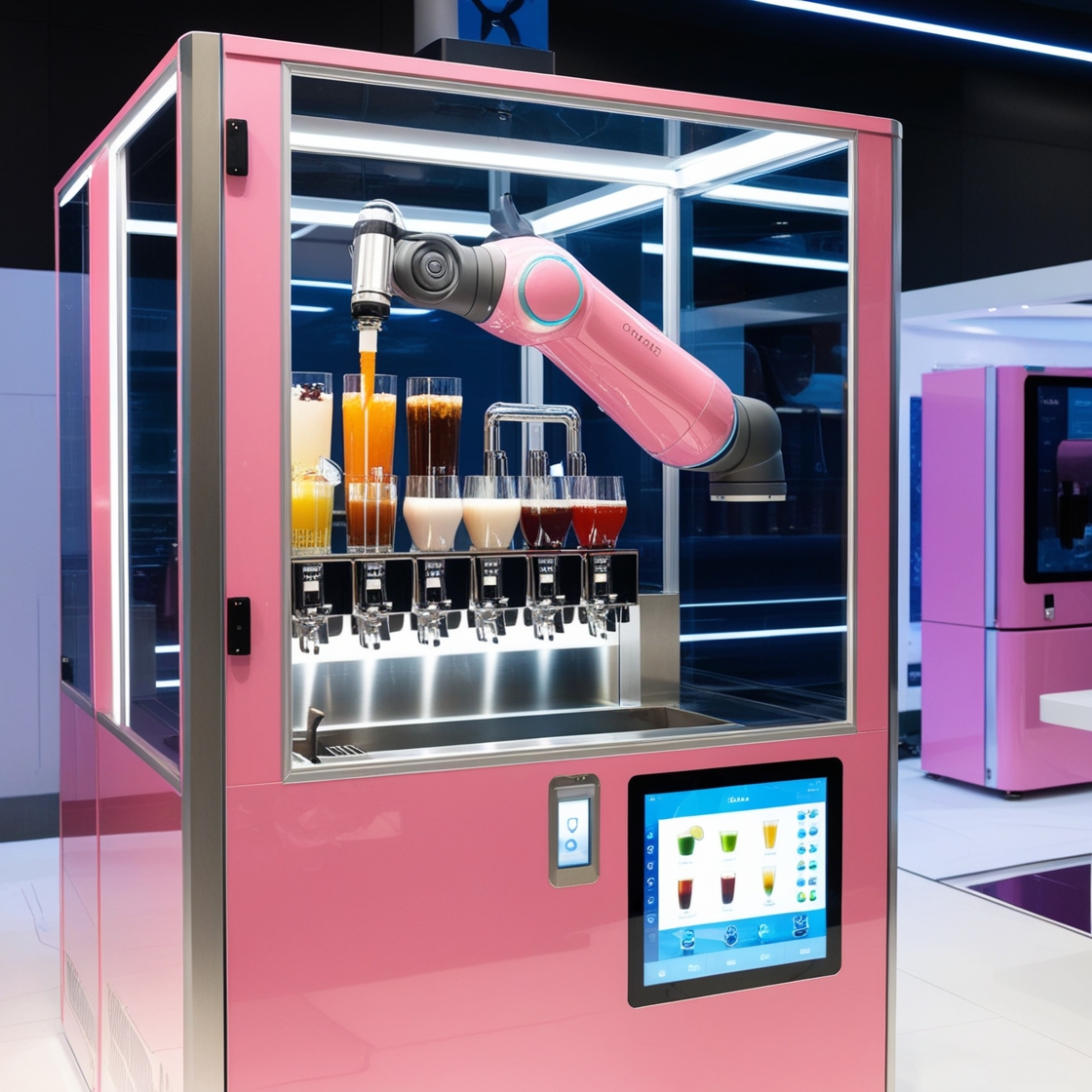 A big futuristic and modern drink machine image. This drink machine is equipped with a robotic arm designed to prepare and dispense a variety of beverages on-site. The machine is enclosed in a transparent, square glass case, inside which various drink ingredients are stored. Customers can clearly observe the robotic arm in action as it operates. The exterior features sleek, high-tech design elements, including bright LED strip lighting and a large touchscreen interface for selecting different drinks. The overall design combines cutting-edge technology with a clean, modern aesthetic, emphasizing the automation and precision of robotic beverage preparation. outfit is pink